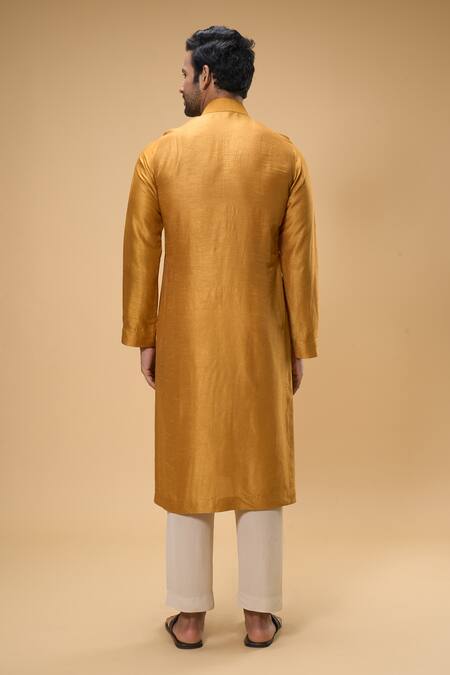 Shop_Taavare_Yellow Ramie, Cotton Embroidery, Sequins Embellished Placket Kurta With Pant_at_Aza_Fashions