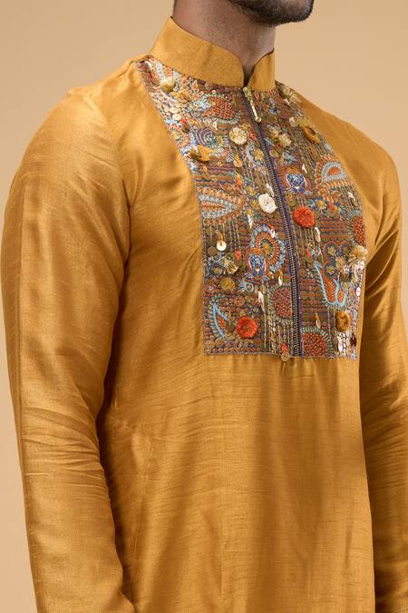 Taavare_Yellow Ramie, Cotton Embroidery, Sequins Embellished Placket Kurta With Pant_Online_at_Aza_Fashions