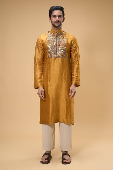 Buy_Taavare_Yellow Ramie, Cotton Embroidery, Sequins Embellished Placket Kurta With Pant_Online_at_Aza_Fashions