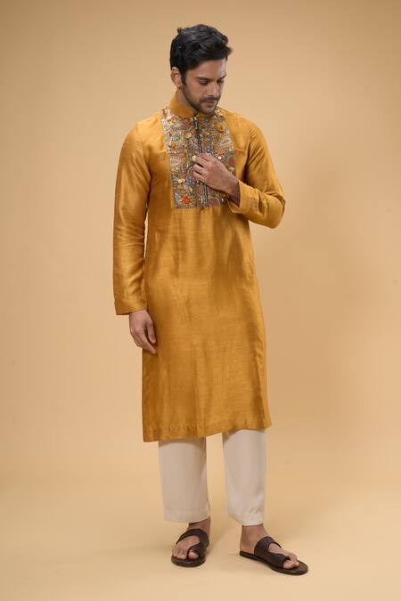 Shop_Taavare_Yellow Ramie, Cotton Embroidery, Sequins Embellished Placket Kurta With Pant_Online_at_Aza_Fashions
