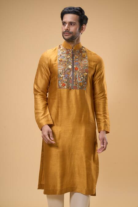 Taavare_Yellow Ramie, Cotton Embroidery, Sequins Embellished Placket Kurta With Pant_at_Aza_Fashions