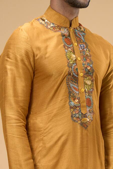 Taavare Yellow Ramie, Cotton Embroidery, Floral Threadwork Placket Kurta With Pant Online at Aza Fashions Taavare_Yellow Ramie, Cotton Embroidery, Floral Threadwork Placket Kurta With Pant_Online_at_Aza_Fashions