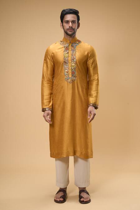 Buy Taavare Yellow Ramie, Cotton Embroidery, Floral Threadwork Placket Kurta With Pant Online at Aza Fashions Buy_Taavare_Yellow Ramie, Cotton Embroidery, Floral Threadwork Placket Kurta With Pant_Online_at_Aza_Fashions