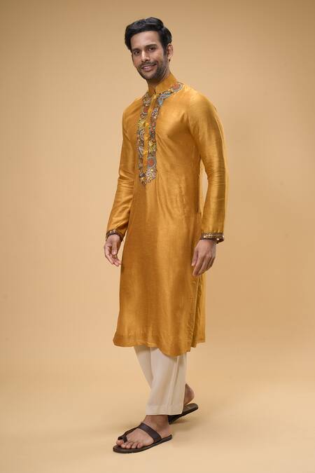 Shop Taavare Yellow Ramie, Cotton Embroidery, Floral Threadwork Placket Kurta With Pant Online at Aza Fashions Shop_Taavare_Yellow Ramie, Cotton Embroidery, Floral Threadwork Placket Kurta With Pant_Online_at_Aza_Fashions