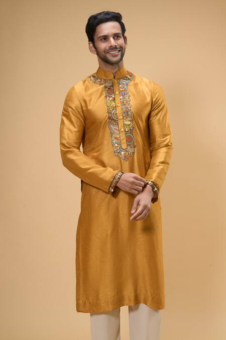 Taavare Yellow Ramie, Cotton Embroidery, Floral Threadwork Placket Kurta With Pant at Aza Fashions Taavare_Yellow Ramie, Cotton Embroidery, Floral Threadwork Placket Kurta With Pant_at_Aza_Fashions
