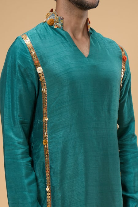 Taavare_Blue Ramie, Cotton Sequins, Embroidery Placement Embellished Kurta With Pant _Online_at_Aza_Fashions