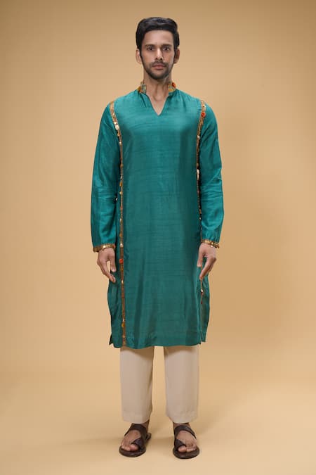Buy_Taavare_Blue Ramie, Cotton Sequins, Embroidery Placement Embellished Kurta With Pant _Online_at_Aza_Fashions