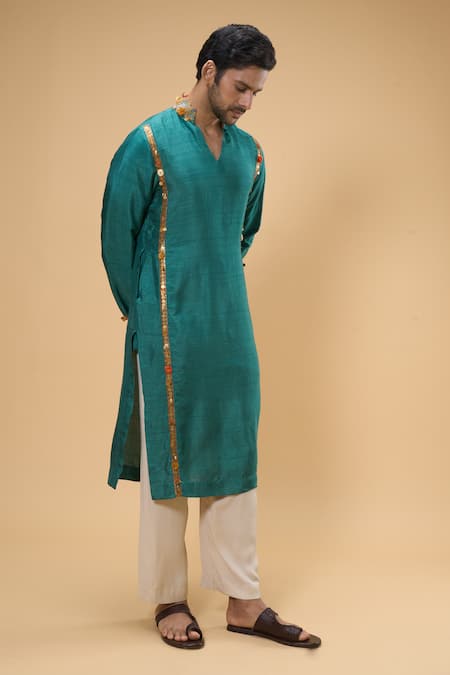 Shop_Taavare_Blue Ramie, Cotton Sequins, Embroidery Placement Embellished Kurta With Pant _Online_at_Aza_Fashions