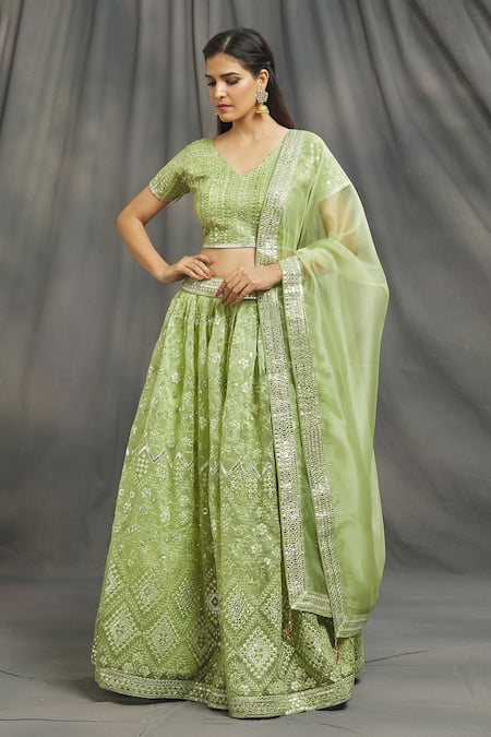 Buy Naintara Bajaj Green Organza Embroidery V-neck Geometric And Floral Lehenga Set Online at Aza Fashions Buy_Naintara Bajaj_Green Organza Embroidery V-neck Geometric And Floral Lehenga Set _Online_at_Aza_Fashions