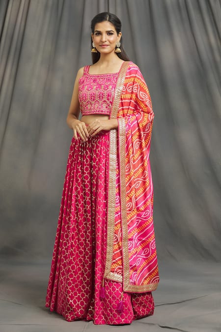Buy_Samyukta Singhania_Pink Floral Scoop Neck Sequin Work Lehenga Set_Online_at_Aza_Fashions