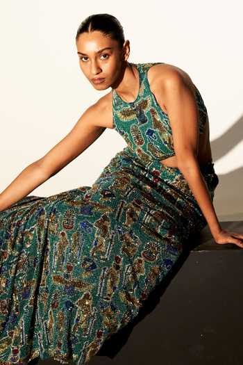 "Green Net Embellished Crystal Round Egyptian Pattern Lehenga With  Blouse For Women"  "Itrh"   "Aza Fashions" in AE