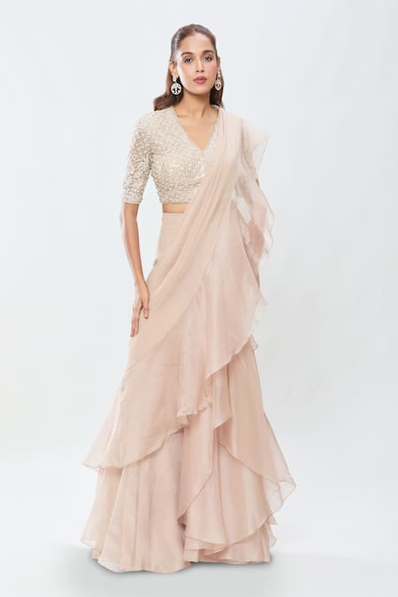 Ridhi Mehra_Beige Chiffon, Silk Sequins, Stones, Zari Pre-draped Ruffle Saree With Blouse _Online_at_Aza_Fashions