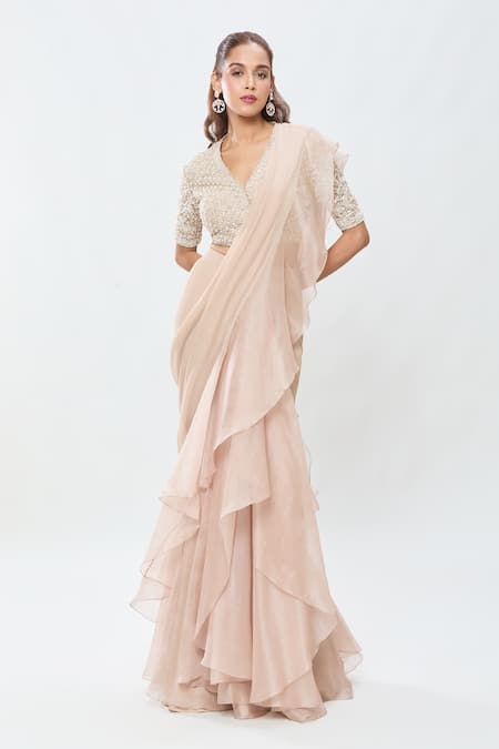 Buy_Ridhi Mehra_Beige Chiffon, Silk Sequins, Stones, Zari Pre-draped Ruffle Saree With Blouse _Online_at_Aza_Fashions