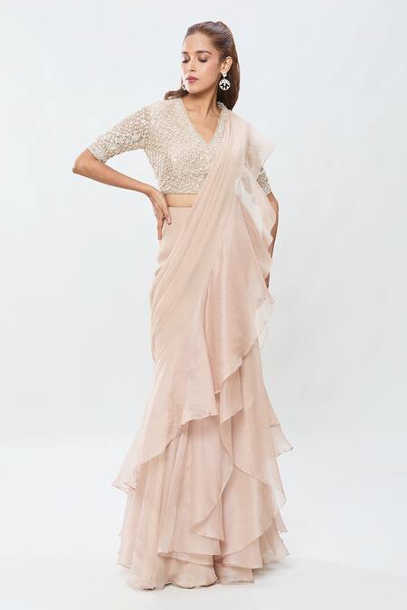 Shop_Ridhi Mehra_Beige Chiffon, Silk Sequins, Stones, Zari Pre-draped Ruffle Saree With Blouse _Online_at_Aza_Fashions