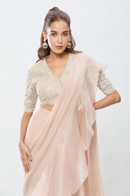 Ridhi Mehra_Beige Chiffon, Silk Sequins, Stones, Zari Pre-draped Ruffle Saree With Blouse _at_Aza_Fashions