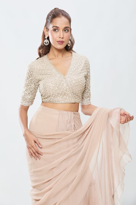 Buy_Ridhi Mehra_Beige Chiffon, Silk Sequins, Stones, Zari Pre-draped Ruffle Saree With Blouse 