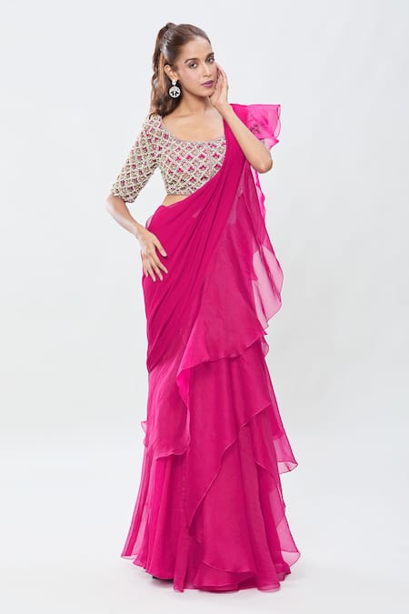 Ridhi Mehra Pre-Draped Ruffle Saree With Jaal Work Blouse 