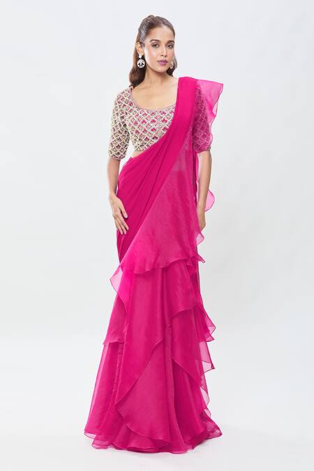 Ridhi Mehra_Pink Cut Work, Sequins, Stones Scoop Pre-draped Ruffle Saree With Jaal Blouse_Online_at_Aza_Fashions