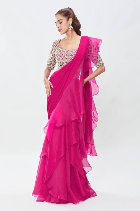 Buy_Ridhi Mehra_Pink Cut Work, Sequins, Stones Scoop Pre-draped Ruffle Saree With Jaal Blouse_Online_at_Aza_Fashions