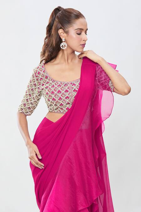 Shop_Ridhi Mehra_Pink Cut Work, Sequins, Stones Scoop Pre-draped Ruffle Saree With Jaal Blouse_Online_at_Aza_Fashions