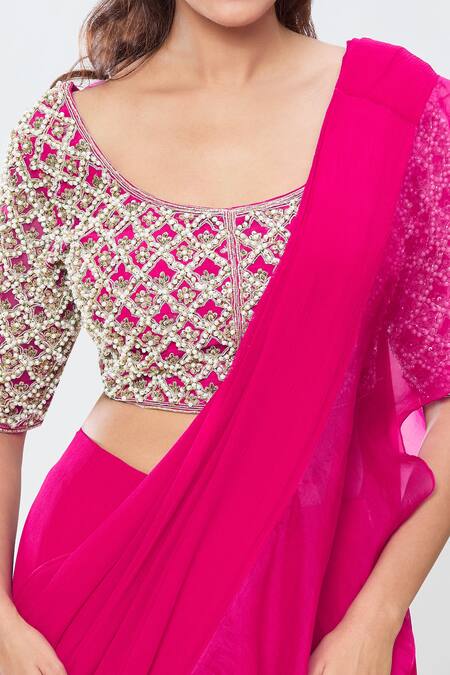 Ridhi Mehra_Pink Cut Work, Sequins, Stones Scoop Pre-draped Ruffle Saree With Jaal Blouse_at_Aza_Fashions