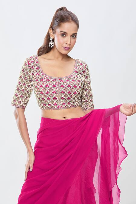 Buy_Ridhi Mehra_Pink Cut Work, Sequins, Stones Scoop Pre-draped Ruffle Saree With Jaal Blouse