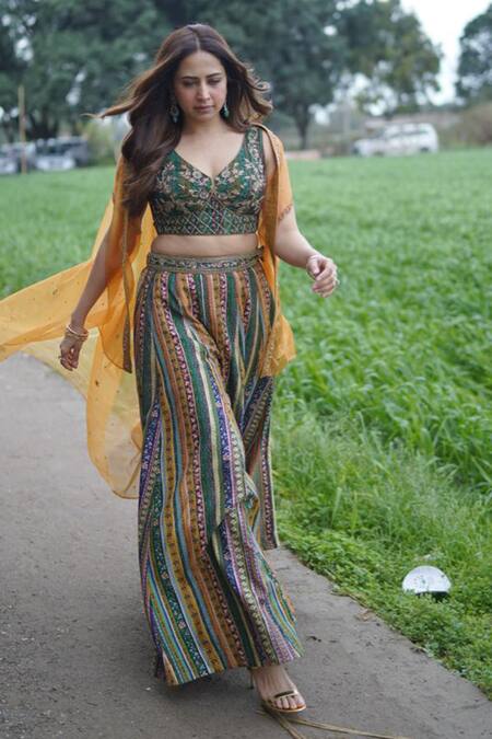 Kalista Yellow Viscose, Silk Embroidery Open Neck Noor Sheer Cape And Sharara Set at Aza Fashions Kalista_Yellow Viscose, Silk Embroidery Open Neck Noor Sheer Cape And Sharara Set _at_Aza_Fashions