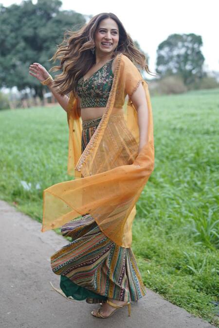 Shop Kalista Yellow Viscose, Silk Embroidery Open Neck Noor Sheer Cape And Sharara Set Shop_Kalista_Yellow Viscose, Silk Embroidery Open Neck Noor Sheer Cape And Sharara Set