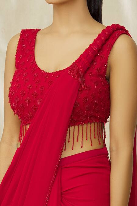 Arpan Vohra Red Georgette Crystals, Ruffled Hem Pre Draped Saree With Embellished Blouse at Aza Fashions Arpan Vohra_Red Georgette Crystals, Ruffled Hem Pre Draped Saree With Embellished Blouse _at_Aza_Fashions