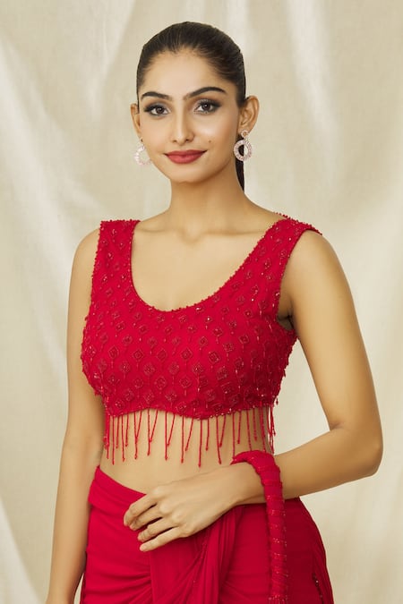 Arpan Vohra Red Georgette Crystals, Ruffled Hem Pre Draped Saree With Embellished Blouse Online at Aza Fashions Arpan Vohra_Red Georgette Crystals, Ruffled Hem Pre Draped Saree With Embellished Blouse _Online_at_Aza_Fashions
