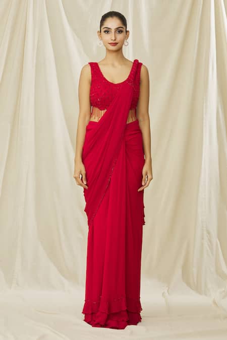 Buy Arpan Vohra Red Georgette Crystals, Ruffled Hem Pre Draped Saree With Embellished Blouse Online at Aza Fashions Buy_Arpan Vohra_Red Georgette Crystals, Ruffled Hem Pre Draped Saree With Embellished Blouse _Online_at_Aza_Fashions