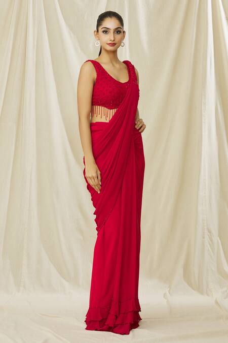 Shop Arpan Vohra Red Georgette Crystals, Ruffled Hem Pre Draped Saree With Embellished Blouse Online at Aza Fashions Shop_Arpan Vohra_Red Georgette Crystals, Ruffled Hem Pre Draped Saree With Embellished Blouse _Online_at_Aza_Fashions