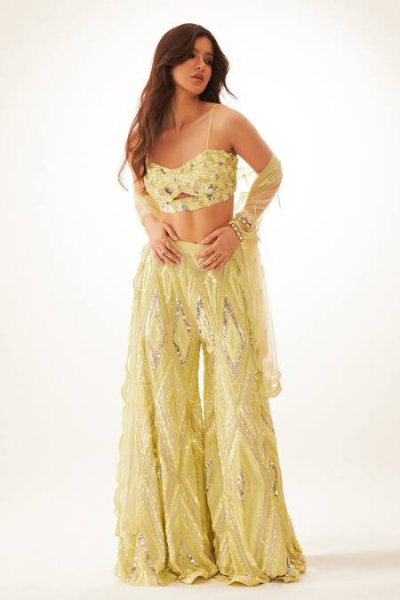 Buy Nirmooha Green Crepe Sequins, Beads, Cut Work Geometric Embroidered Flared Pant Online at Aza Fashions Buy_Nirmooha_Green Crepe Sequins, Beads, Cut Work Geometric Embroidered Flared Pant _Online_at_Aza_Fashions