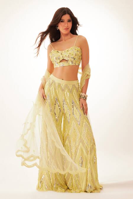 Shop Nirmooha Green Crepe Sequins, Beads, Cut Work Geometric Embroidered Flared Pant Online at Aza Fashions Shop_Nirmooha_Green Crepe Sequins, Beads, Cut Work Geometric Embroidered Flared Pant _Online_at_Aza_Fashions