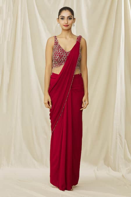 Shop Arpan Vohra Red Georgette Sequins, Crystals Jaal Embellished Blouse With Pre Draped Saree Online at Aza Fashions Shop_Arpan Vohra_Red Georgette Sequins, Crystals Jaal Embellished Blouse With Pre Draped Saree _Online_at_Aza_Fashions