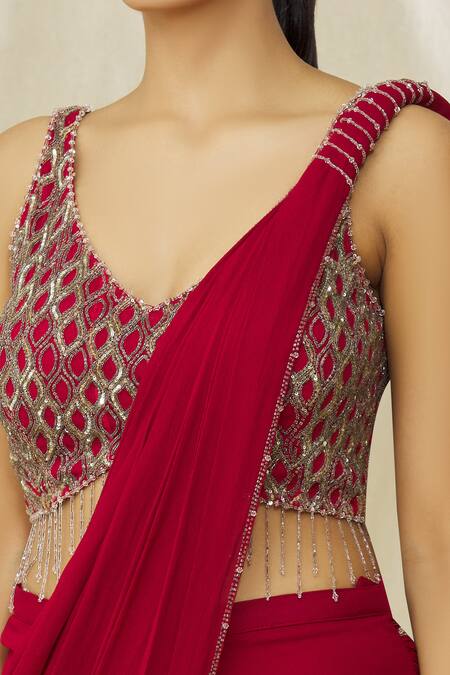 Shop Arpan Vohra Red Georgette Sequins, Crystals Jaal Embellished Blouse With Pre Draped Saree Shop_Arpan Vohra_Red Georgette Sequins, Crystals Jaal Embellished Blouse With Pre Draped Saree