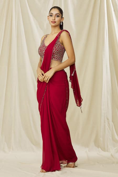 Arpan Vohra Red Georgette Sequins, Crystals Jaal Embellished Blouse With Pre Draped Saree Online at Aza Fashions Arpan Vohra_Red Georgette Sequins, Crystals Jaal Embellished Blouse With Pre Draped Saree _Online_at_Aza_Fashions