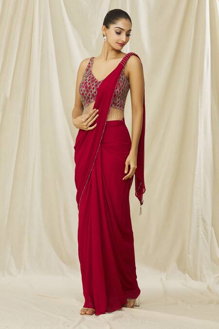 Arpan Vohra Red Georgette Sequins, Crystals Jaal Embellished Blouse With Pre Draped Saree at Aza Fashions Arpan Vohra_Red Georgette Sequins, Crystals Jaal Embellished Blouse With Pre Draped Saree _at_Aza_Fashions