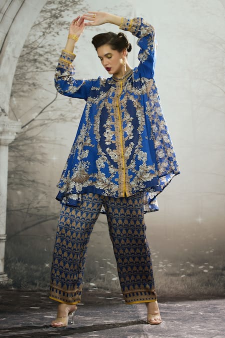 Rajdeep Ranawat Blue Silk Print Floral Band Collar Tunic