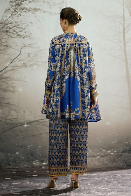 Shop_Rajdeep Ranawat_Blue Silk Embroidery Bandeau Neck Floral Print Tunic _at_Aza_Fashions