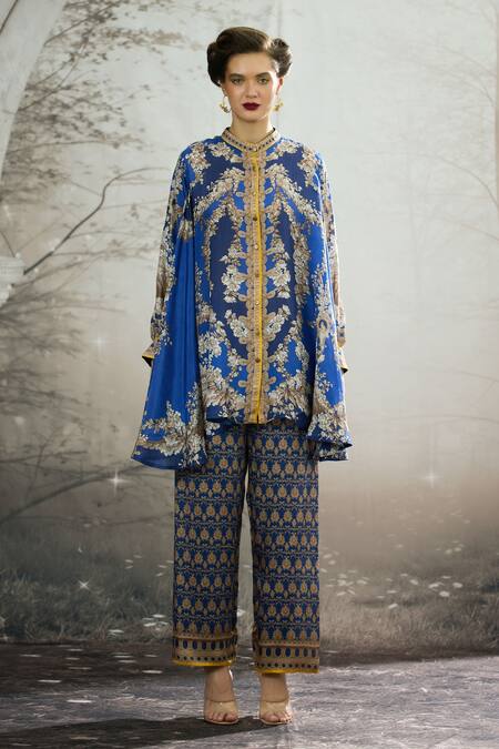 Rajdeep Ranawat_Blue Silk Embroidery Bandeau Neck Floral Print Tunic _Online_at_Aza_Fashions