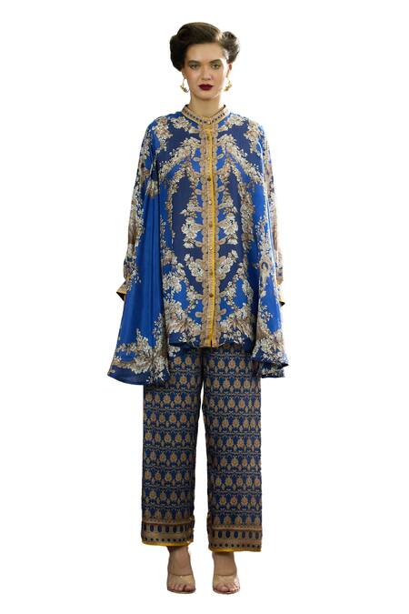 Buy_Rajdeep Ranawat_Blue Silk Embroidery Bandeau Neck Floral Print Tunic _Online_at_Aza_Fashions