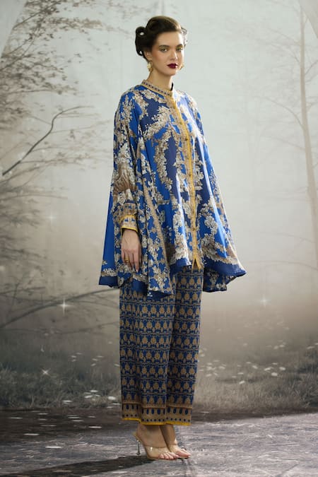 Rajdeep Ranawat_Blue Silk Embroidery Bandeau Neck Floral Print Tunic _at_Aza_Fashions