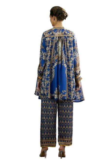 Buy_Rajdeep Ranawat_Blue Silk Embroidery Bandeau Neck Floral Print Tunic 