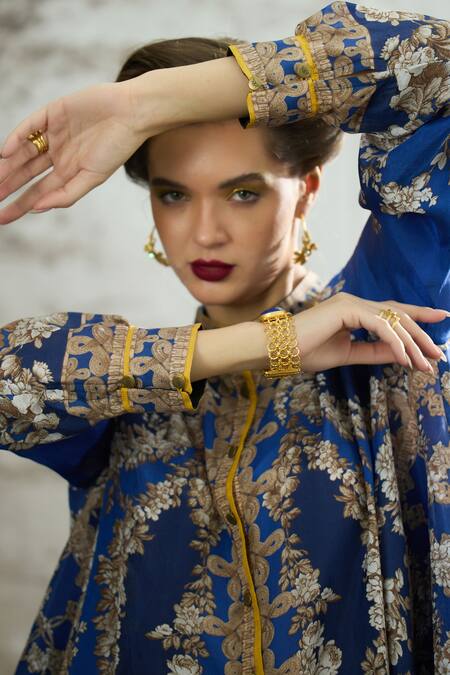 Shop_Rajdeep Ranawat_Blue Silk Embroidery Bandeau Neck Floral Print Tunic 