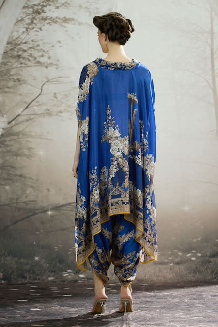 Shop Rajdeep Ranawat Blue Silk Embroidery Cowl Neck Laavanya Floral Print Tunic at Aza Fashions Shop_Rajdeep Ranawat_Blue Silk Embroidery Cowl Neck Laavanya Floral Print Tunic _at_Aza_Fashions