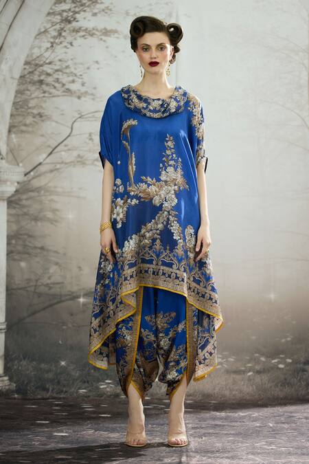 Rajdeep Ranawat Blue Silk Embroidery Cowl Neck Laavanya Floral Print Tunic Online at Aza Fashions Rajdeep Ranawat_Blue Silk Embroidery Cowl Neck Laavanya Floral Print Tunic _Online_at_Aza_Fashions