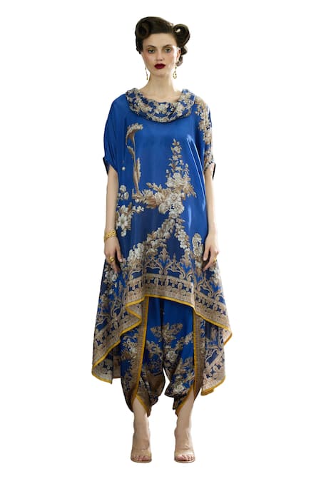 Buy Rajdeep Ranawat Blue Silk Embroidery Cowl Neck Laavanya Floral Print Tunic Online at Aza Fashions Buy_Rajdeep Ranawat_Blue Silk Embroidery Cowl Neck Laavanya Floral Print Tunic _Online_at_Aza_Fashions