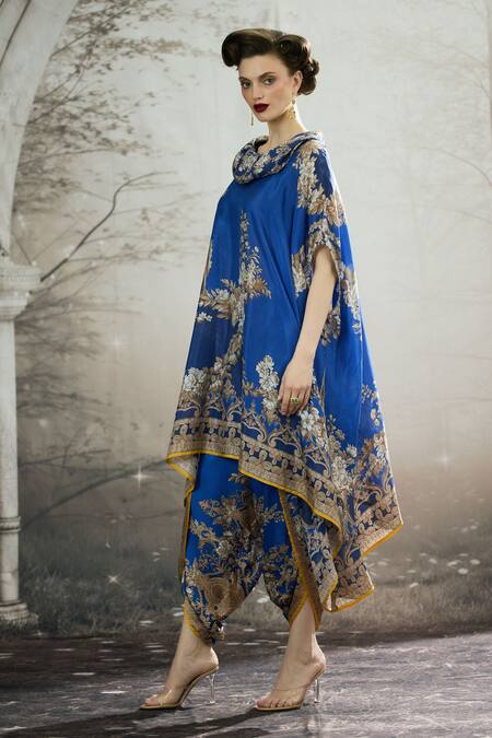 Shop Rajdeep Ranawat Blue Silk Embroidery Cowl Neck Laavanya Floral Print Tunic Online at Aza Fashions Shop_Rajdeep Ranawat_Blue Silk Embroidery Cowl Neck Laavanya Floral Print Tunic _Online_at_Aza_Fashions