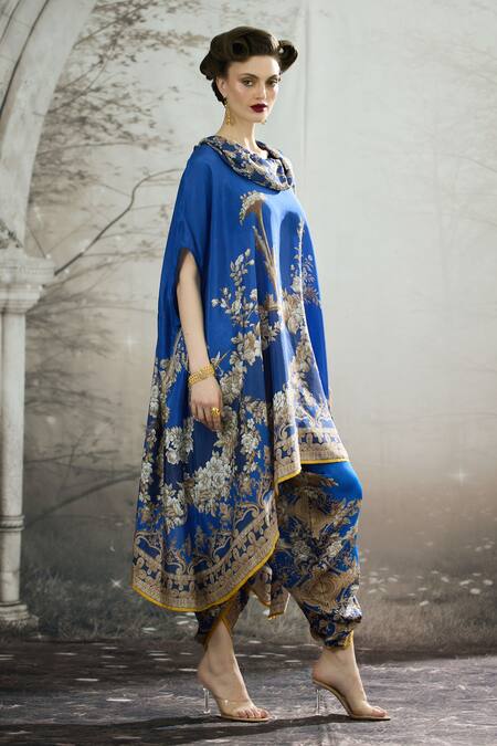 Rajdeep Ranawat Blue Silk Embroidery Cowl Neck Laavanya Floral Print Tunic at Aza Fashions Rajdeep Ranawat_Blue Silk Embroidery Cowl Neck Laavanya Floral Print Tunic _at_Aza_Fashions